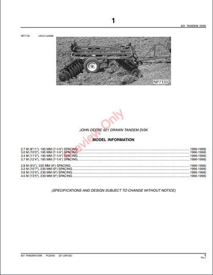 JOHN DEERE 621 TANDEM DISK PC2555 - PARTS CATALOG MANUAL