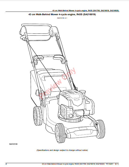 JOHN DEERE 43CM WALK-BEHIND MOWER 4-CYCLE ENGINE, R43S (SA1765, SA216019, SA216020) PC14201 - PARTS CATALOG MANUAL