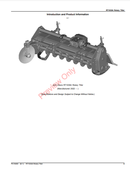 JOHN DEERE RT1035A ROTARY TILLER PC16400 - PARTS CATALOG MANUAL