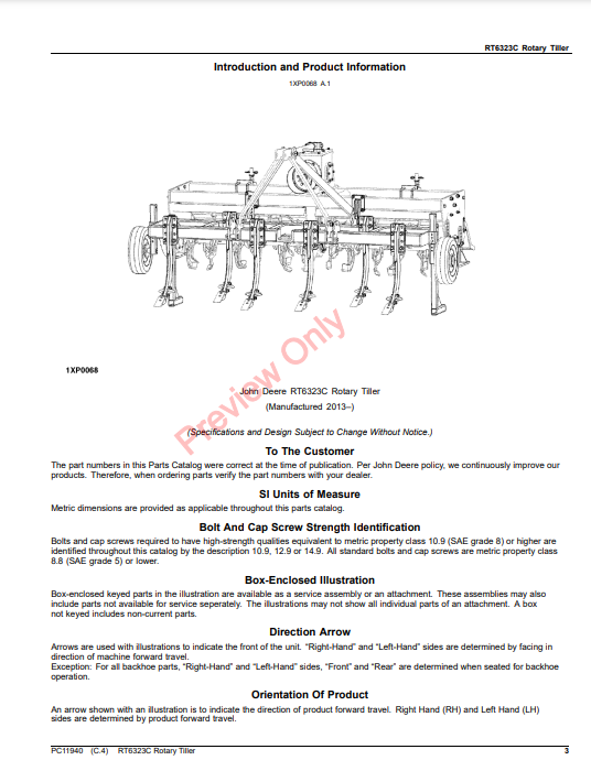 JOHN DEERE RT6323C ROTARY TILLER PC11940 - PARTS CATALOG MANUAL