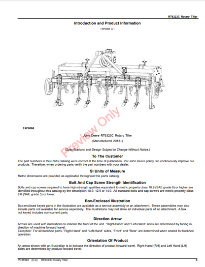 JOHN DEERE RT6323C ROTARY TILLER PC11940 - PARTS CATALOG MANUAL