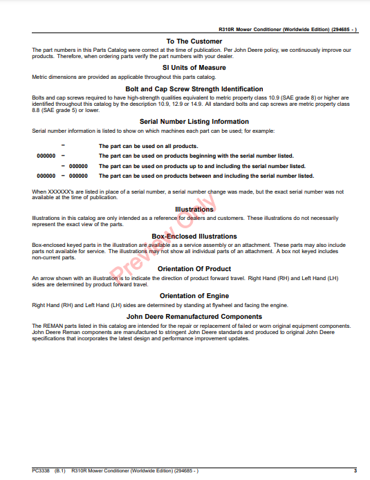 JOHN DEERE R310R MOWER CONDITIONER (WORLDWIDE EDITION) PC3338 - PARTS CATALOG MANUAL