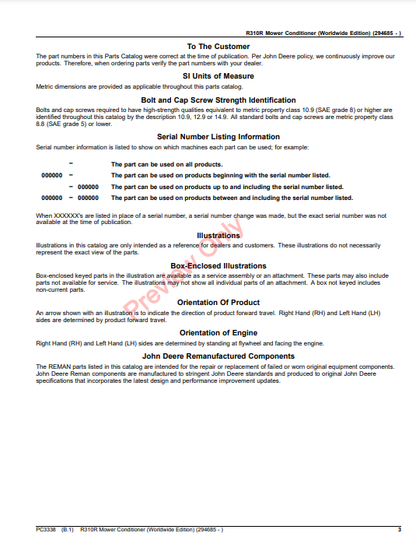 JOHN DEERE R310R MOWER CONDITIONER (WORLDWIDE EDITION) PC3338 - PARTS CATALOG MANUAL