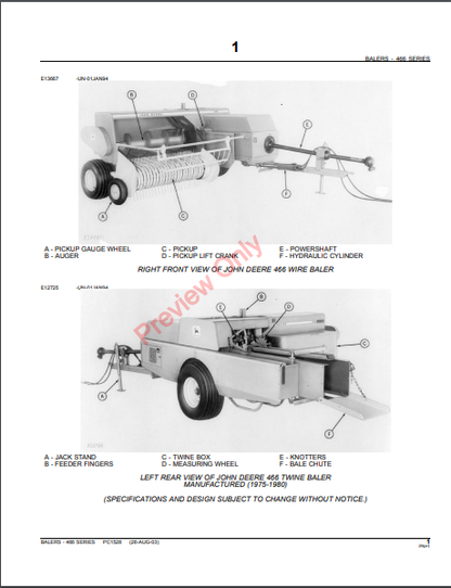 JOHN DEERE 466 SQUARE BALER PC1528 - PARTS CATALOG MANUAL