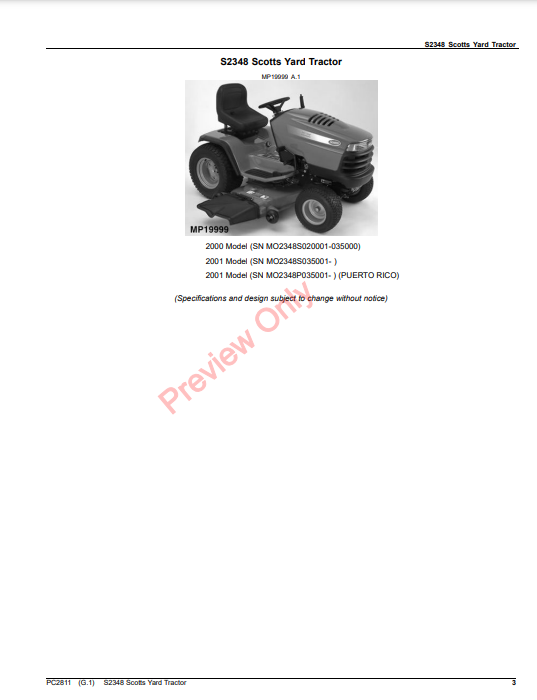 JOHN DEERE S2348 SCOTTS YARD TRACTOR PC2811 - PARTS CATALOG MANUAL