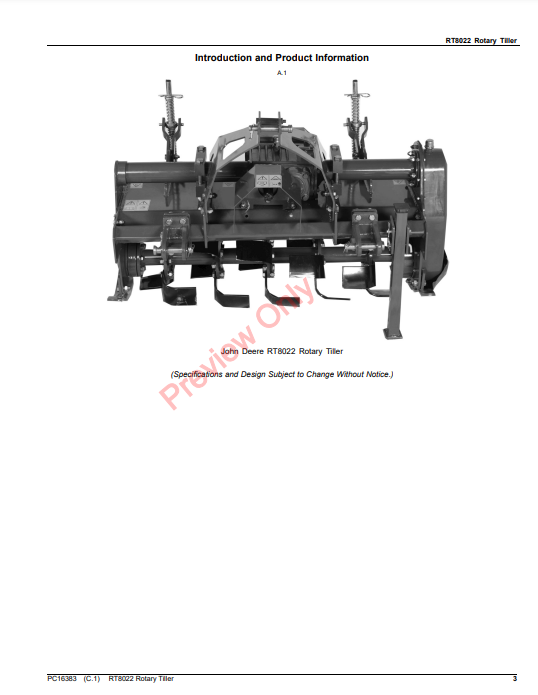 JOHN DEERE RT8022 ROTARY TILLER PC16383 - PARTS CATALOG MANUAL