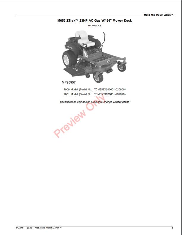 JOHN DEERE M653 MID MOUNT ZTRAK PC2761 - PARTS CATALOG MANUAL