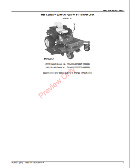 JOHN DEERE M653 MID MOUNT ZTRAK PC2761 - PARTS CATALOG MANUAL