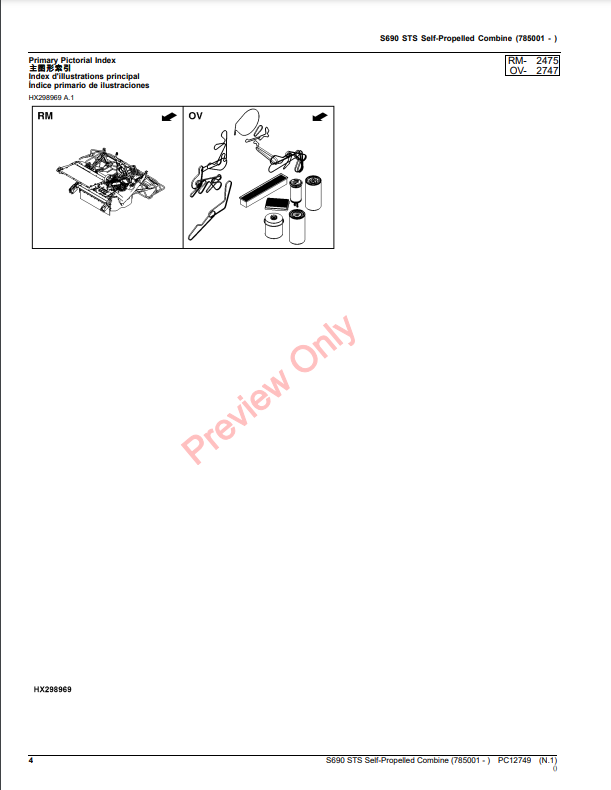 JOHN DEERE S690 STS SELF-PROPRLLED COMBINE PC12749 - PARTS CATALOG MANUAL