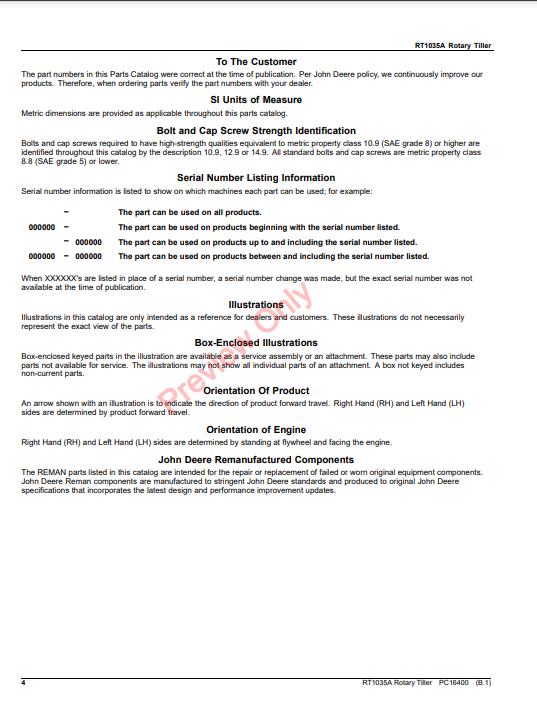 JOHN DEERE RT1035A ROTARY TILLER PC16400 - PARTS CATALOG MANUAL