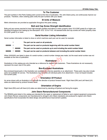 JOHN DEERE RT1035A ROTARY TILLER PC16400 - PARTS CATALOG MANUAL
