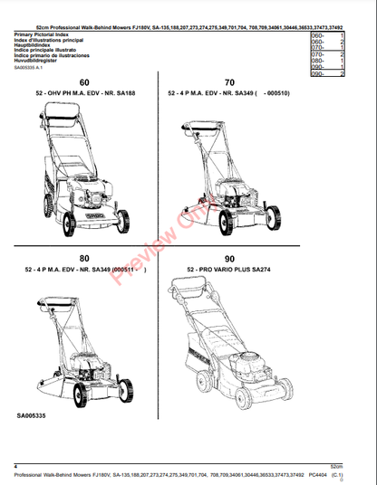 JOHN DEERE 52CM PROFESSIONAL WALK-BEHIND MOWERS 4-CYCLE ENGINE FJ180V, SA135, 188, 207, 273, 274, 275, 349, 701, 70 PC4404 - PARTS CATALOG MANUAL