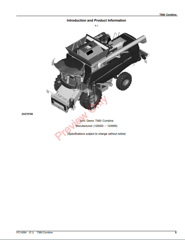 JOHN DEERE T560 COMBINE PC14264 - PARTS CATALOG MANUAL