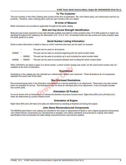 JOHN DEERE 6130R TRACTOR (NORTH AMERICA EDITION, ENGINE SN:4045UXXXXXX) (FINAL TIER 4) PC4908 - PARTS CATALOG MANUAL