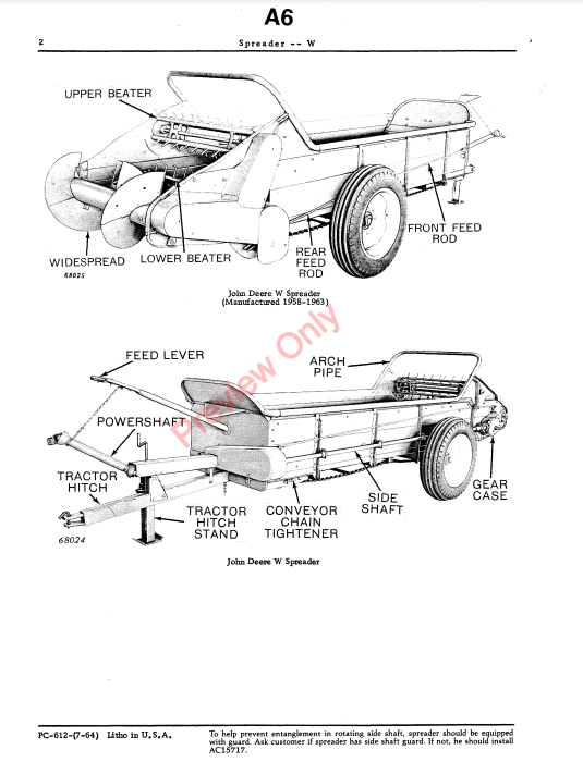 JOHN DEERE W MANURE SPREADER PC612 - PARTS CATALOG MANUAL