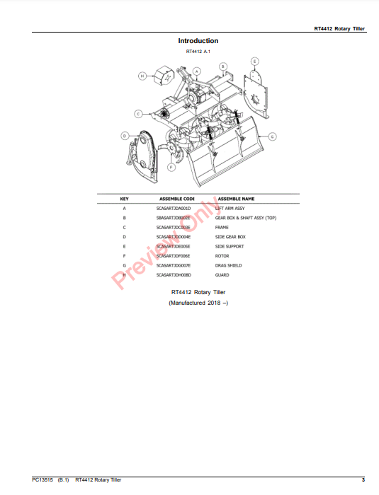 JOHN DEERE RT4412 ROTARY TILLER PC13515 - PARTS CATALOG MANUAL