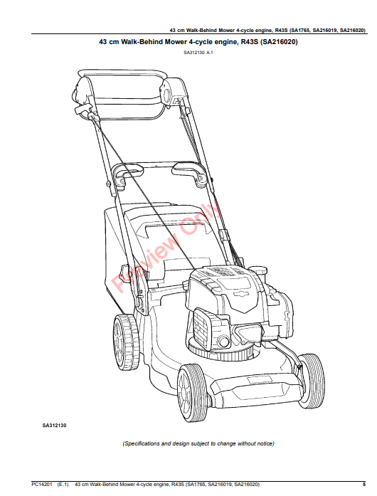 JOHN DEERE 43CM WALK-BEHIND MOWER 4-CYCLE ENGINE, R43S (SA1765, SA216019, SA216020) PC14201 - PARTS CATALOG MANUAL