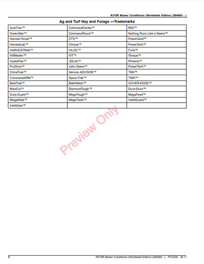 JOHN DEERE R310R MOWER CONDITIONER (WORLDWIDE EDITION) PC3338 - PARTS CATALOG MANUAL