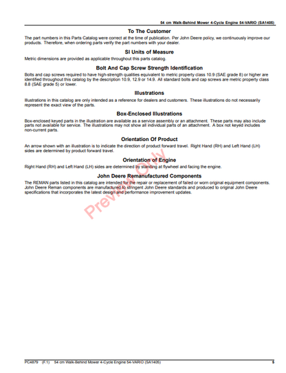 JOHN DEERE 54CM WALK-BEHIND MOWER 4-CYCLE ENGINE 54-VARIO (SA1405) PC4879 - PARTS CATALOG MANUAL