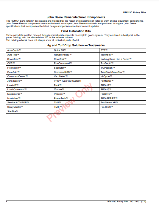 JOHN DEERE RT6323C ROTARY TILLER PC11940 - PARTS CATALOG MANUAL