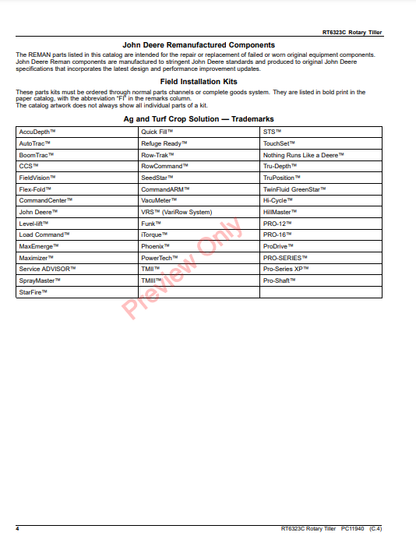 JOHN DEERE RT6323C ROTARY TILLER PC11940 - PARTS CATALOG MANUAL