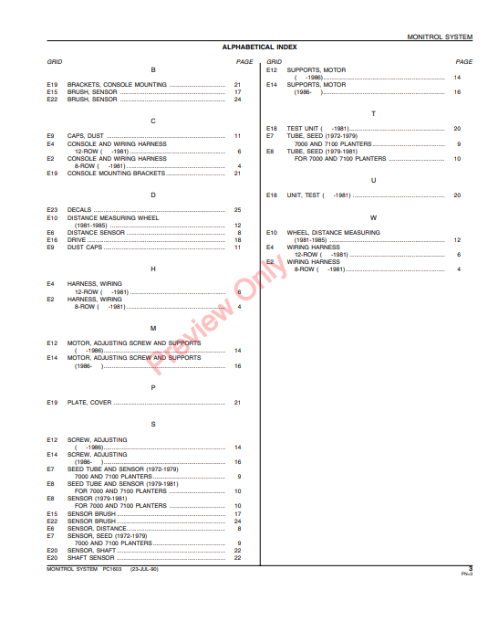 JOHN DEERE MONITROL SYSTEM CONSOLE - 8-ROW, 12-ROW PC1603 - PARTS CATALOG MANUAL