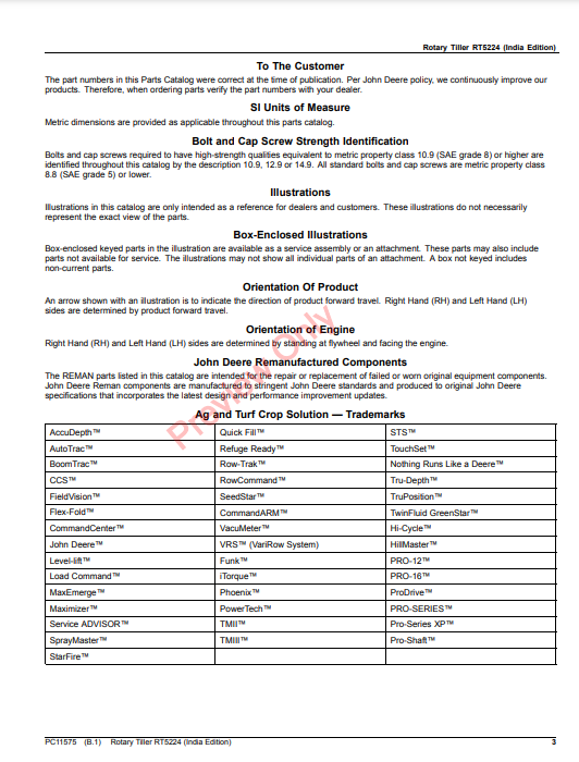 JOHN DEERE ROTARY TILLER RT5224 (INDIA EDITION) PC11575 - PARTS CATALOG MANUAL