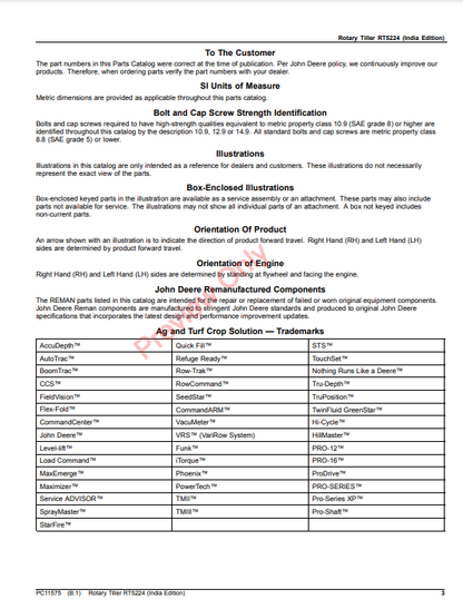 JOHN DEERE ROTARY TILLER RT5224 (INDIA EDITION) PC11575 - PARTS CATALOG MANUAL