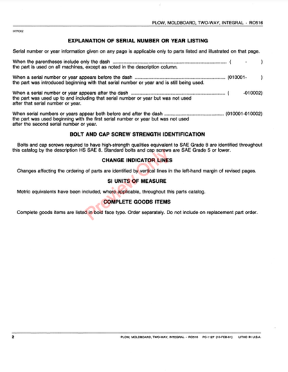 JOHN DEERE RO 516 INTEGRAL TWO-WAY MOLDBOARD PLOW PC1127 - PARTS CATALOG MANUAL