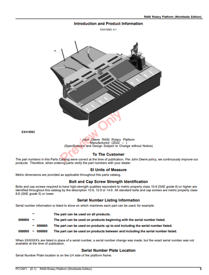 JOHN DEERE R400 ROTARY PLATFORM (WORLDWIDE EDITION) PC13971 - PARTS CATALOG MANUAL