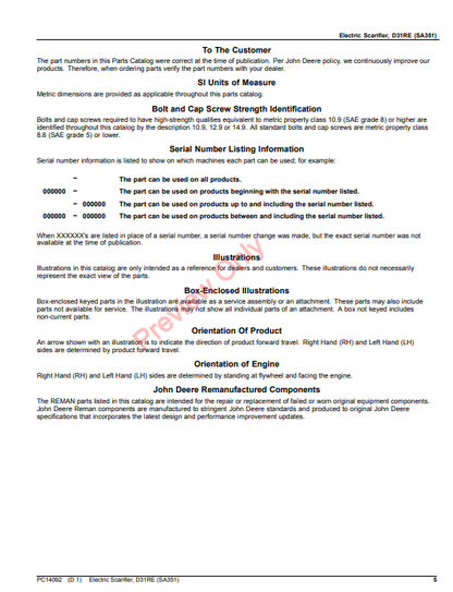 JOHN DEERE ELECTRIC SCARIFIER, D31RE (SA351) PC14092 - PARTS CATALOG MANUAL