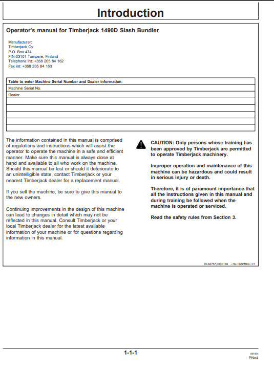 JOHN DEERE 1490D (D SERIES_TIMBERJACK MODELS) FORESTRY Energy Technology OPERATOR MANUAL - OMF065582_