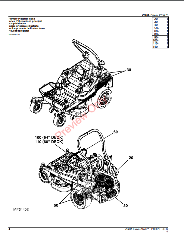 JOHN DEERE Z520A ESTATE ZTRAK PC9679 - PARTS CATALOG MANUAL