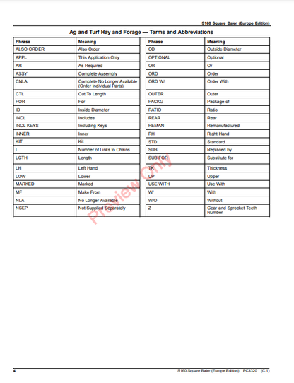 JOHN DEERE S160 SQUARE BALER (EUROPE EDITION) PC3320 - PARTS CATALOG MANUAL