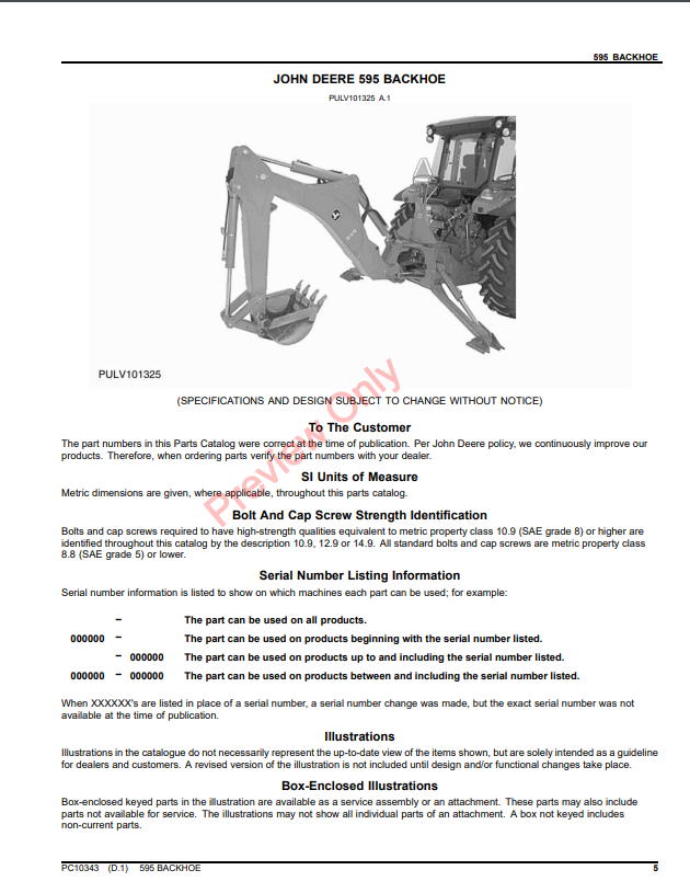 JOHN DEERE 595 BACKHOE PC10343 - PARTS CATALOG MANUAL