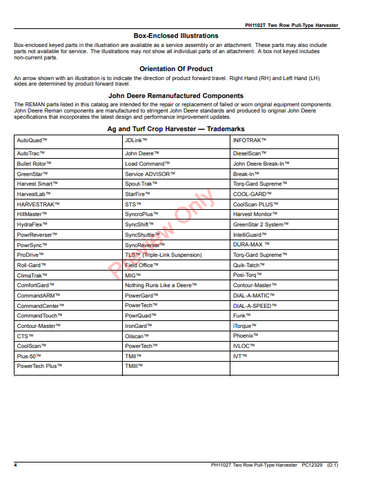 JOHN DEERE PH1102T TWO ROW PULL-TYPE HARVESTER PC12329 - PARTS CATALOG MANUAL