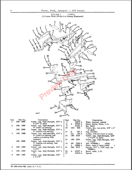 JOHN DEERE DISK INTEGRAL PLOWS-475 SERIES PC589 - PARTS CATALOG MANUAL