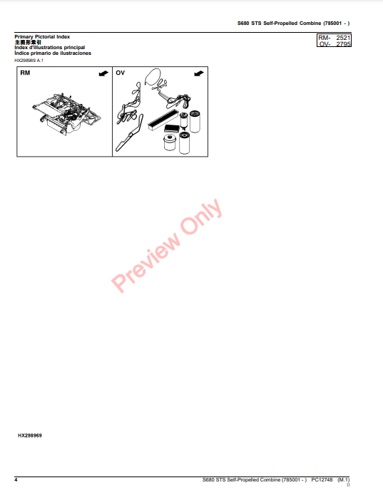 JOHN DEERE S680 STS SELF-PROPELLED COMBINE PC12748 - PARTS CATALOG MANUAL