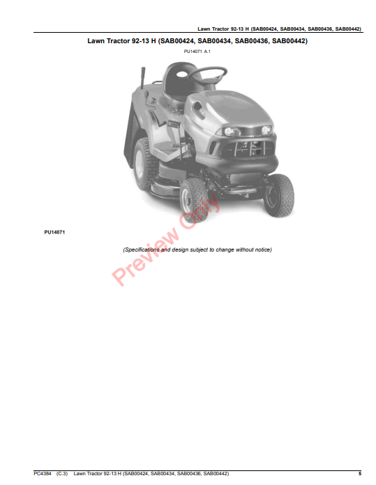 JOHN DEERE LAWN TRACTOR 92-13 H (SAB00434, SAB00436, SAB00442) PC4384 - PARTS CATALOG MANUAL