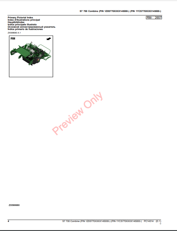 JOHN DEERE S7700 COMBINE PC14514 - PARTS CATALOG MANUAL