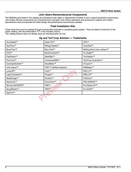 JOHN DEERE MS2110 BOOM SPRAYER PC11930 - PARTS CATALOG MANUAL