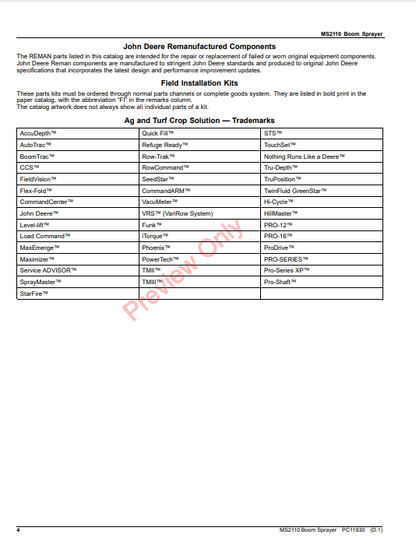 JOHN DEERE MS2110 BOOM SPRAYER PC11930 - PARTS CATALOG MANUAL