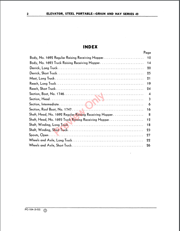 JOHN DEERE SERIES 49 GRAIN AND HAY PORTABLE STEEL ELEVATORS PC104 - PARTS CATALOG MANUAL