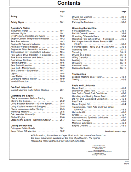 JOHN DEERE 485E, 486E, 488E (E SERIES) Construction Forklifts OPERATOR MANUAL - OMT188200