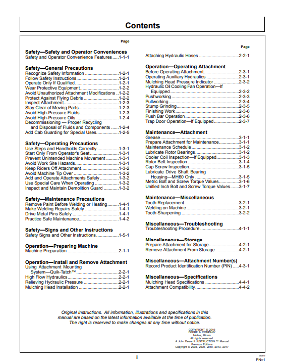 JOHN DEERE MH60 MH60C Construction Worksite Pro™ Attachments OPERATOR MANUAL - OMT250026