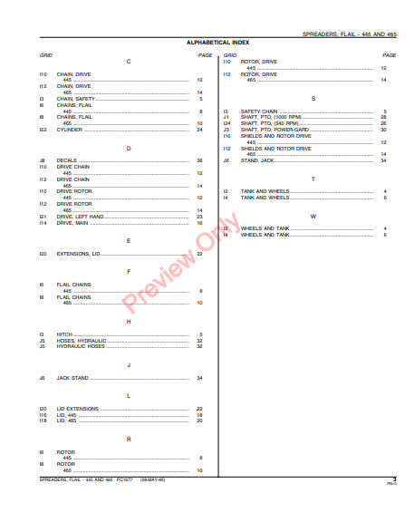 JOHN DEERE 445, 465 FLAIL SPREADERS PC1677 - PARTS CATALOG MANUAL