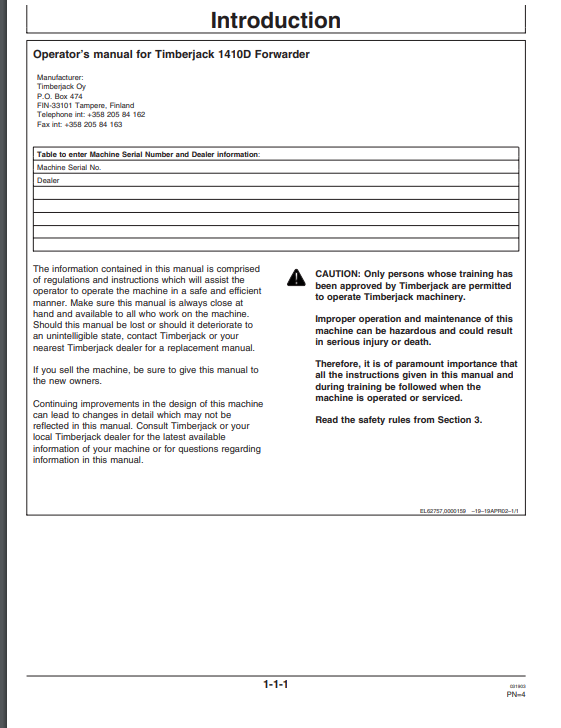 JOHN DEERE 1410D (D SERIES_TIMBERJACK MODELS) FORESTRY Forwarders OPERATOR MANUAL - OMF064197