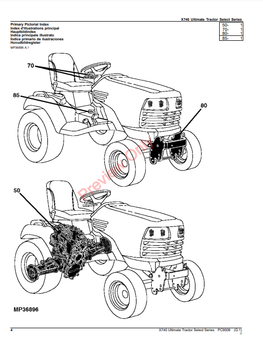 JOHN DEERE X740 ULTIMATE TRACTOR SELECT SERIES PC9509 - PARTS CATALOG MANUAL