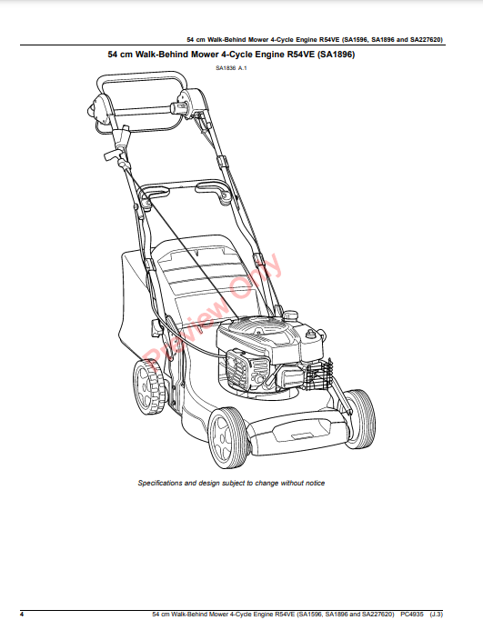 JOHN DEERE 54CM WALK-BEHIND MOWER 4-CYCLE ENGINE R54VE (SA1596, SA1896 AND SA227620) PC4935 - PARTS CATALOG MANUAL