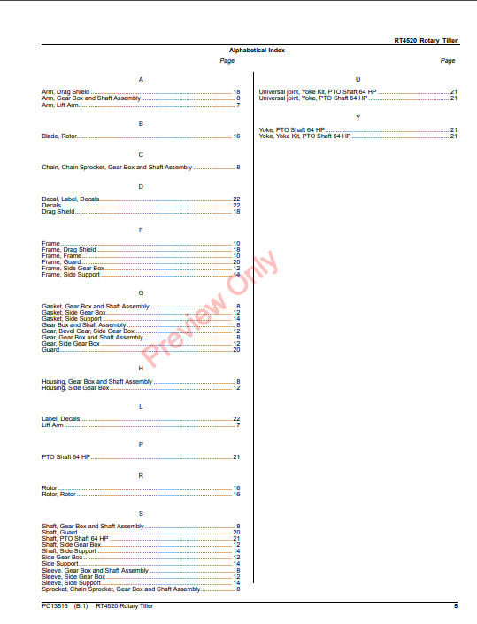 JOHN DEERE RT4520 ROTARY TILLER PC13516 - PARTS CATALOG MANUAL